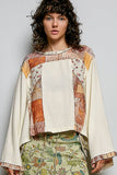 Long sleeve double gauze printed woven contrast top: CREAM / S