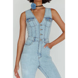 BUTTON FRONT WASHED BLUE JUMPSUIT / SR0935J: Black / XS