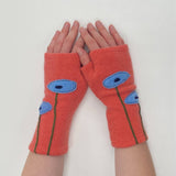 Fingerless Cashmere Gloves-Oval Poppy: Salmon on Brown / One Size Fits Most