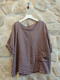 REF 83773  100% LINEN   SIDE TIE BLOUSE: Marrón
