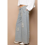 Distressed waist strape stripe denim wide pants: STRIPED DENIM / M
