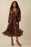 Floral-Print Tiered Ruffle Long-Sleeve Midi Dress: RETRO BLUE / L