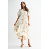 FLORAL EMBROIDERED MAXI DRESS: CREAM/MOCHA / S-M-L(3-2-1)