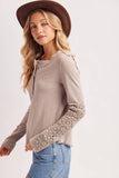 CROCHET PATCH SLEEVED HALF BUTTON ROUND NECK TOP: IVORY / L