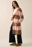 Striped Knit Open-Front Duster Pocket Cardigan: Black-Taupe / L