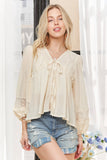 CET3887 - SOLID LONG SLEEVES TOP WITH EYELET: Beige / S-M-L(2-2-2)