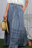 Ruffle Frayed Hem Chambray Casual Western Maxi Skirt VS83151: Washed Denim / M