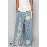 Drawstring floral patch denim pants: DENIM / S