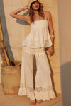 Cotton and Crochet Lace Wide-Leg Ruffle-Hem Pants: OFF WHITE / L