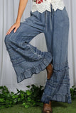 Flared Ruffle Hem Washed Chambray Crop Denim Pants VP83039: Washed Denim / S
