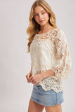 BOHO SHEER CROCHET 3/4 SLEEVED TOP WITH NO LINING: NATURAL / S