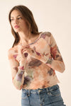 Floral-Print Mesh Long-Sleeve Thumbhole Top: Natural / L