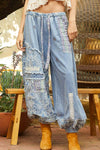 Floral print patchwork twill joger pants: DENIM / S