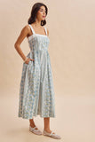 COTTON FLORAL SLEEVELESS MAXI DRESS: FRENCH BLUE / M