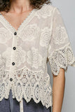 Crochet Trim Neckline Short Sleeve Jacket Top: NATURAL / Os