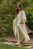 L8879 | Woven Rayon Tencel Round Neck Long Sleeve Flare Maxi: Natural / S