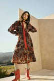 Floral-Print Tiered Ruffle Long-Sleeve Midi Dress: RETRO BLUE / S