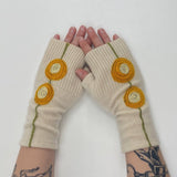 Fingerless Cashmere Gloves-Double Blooming Rose: Orange on Green / One Size Fits Most