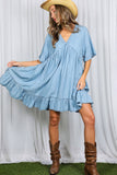 V-Neck 100%Tencel Chambray Tiered Dress VD81038A: Light Denim / M
