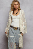 Long sleeve solid chenille crochet cardigan top: CREAM / Ml