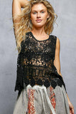 Round Neck Sleeveless Crochet Scalloped Opening Top: NATURAL / Os