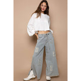 Distressed waist strape stripe denim wide pants: STRIPED DENIM / S