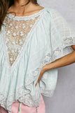 Lace Trim V Ruffle Detail Textured Woven Short Sleeve Top: PALE BLUE / M