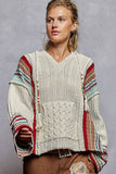 V neck striped pattern pocket detail chenille hoodie sweater: ALMOND / S