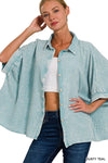 Washed Double Gauze Button Down Half Sleeve Shirt: DUSTY TEAL / 3-3 (S/M-L/XL)