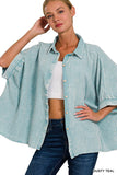 Washed Double Gauze Button Down Half Sleeve Shirt: DUSTY TEAL / 3-3 (S/M-L/XL)