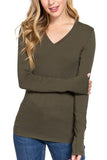 Basic Solid Long Sleeve V Neck Top: MOCHA MOUSSE / 2-2-2 (S-M-L)