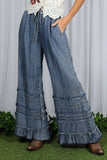 Flared Ruffle Hem Washed Chambray Crop Denim Pants VP83039: Washed Denim / S