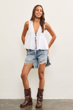TIE FRONT SLEEVELESS PEPLUM TOP: ALOE / L