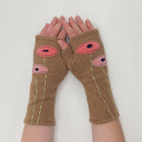 Fingerless Cashmere Gloves-Oval Poppy: Salmon on Brown / One Size Fits Most