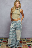Stud Detail Woven Denim Pants: TEAL PLAID / L