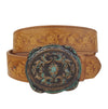 Western Brass/Patina Buckle with Vintage floral tooled belt: Black / M