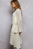 Long sleeve solid chenille crochet cardigan top: CREAM / Sm