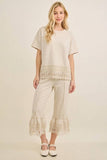 Mineral Washed Delicate lace trim hem Cropped Pants HP7236: MossGreen / S-M-L / 2-2-2