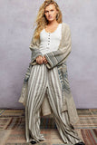 V-Neck Solid Stripe Linen Long Sleeve Cardigan: NATURAL MULTI / L