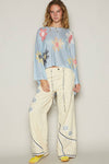 V-neck colorful flower print light weight sweater SALE: IVORY / S