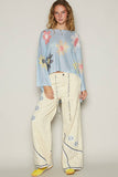 V-neck colorful flower print light weight sweater SALE: IVORY / S