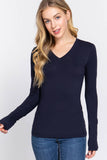 Basic Solid Long Sleeve V Neck Top: DEEP JUNGLE / 2-2-2 (S-M-L)