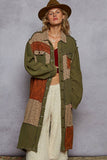 Double gauze contrast various pattern knee length jacket: OLIVE / M