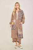 Mineral Washed Boho Plaid Patched Long Fall Jacket HT6861: Charcoal / S-M-L / 2-2-2