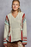 V neck striped pattern pocket detail chenille hoodie sweater: ALMOND / S