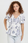 C2192-HL60 V NECK SMOCKED BUST HALF SLEEVE FLORAL TOP: S