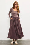 SQUARE NECK LONG SLEEVE SHIRRED WAIST LONG DRESS: IRON / M