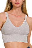 Stone Washed V Neck Seamless Cropped Bra Top: ASH MOCHA / 3-3 (S/M-L/XL)