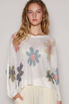 V-neck colorful flower print light weight sweater SALE: IVORY / S