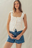 Ribbed Cotton Button-Front Picot Trim Tank: PINK FL / S-2/M-2/L-2